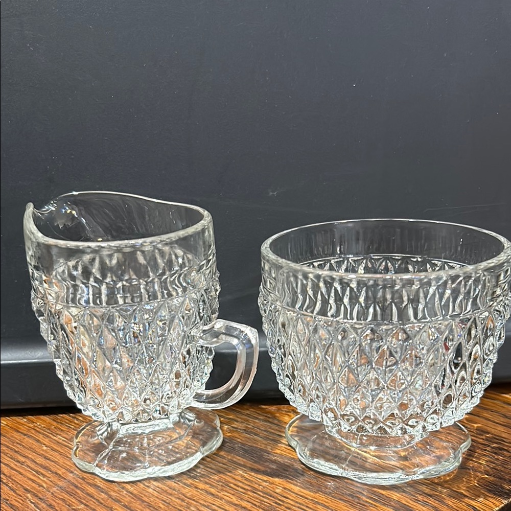 Indiana Glass Co. Diamond Point Two piece Cream and Sugar set crystal 0169